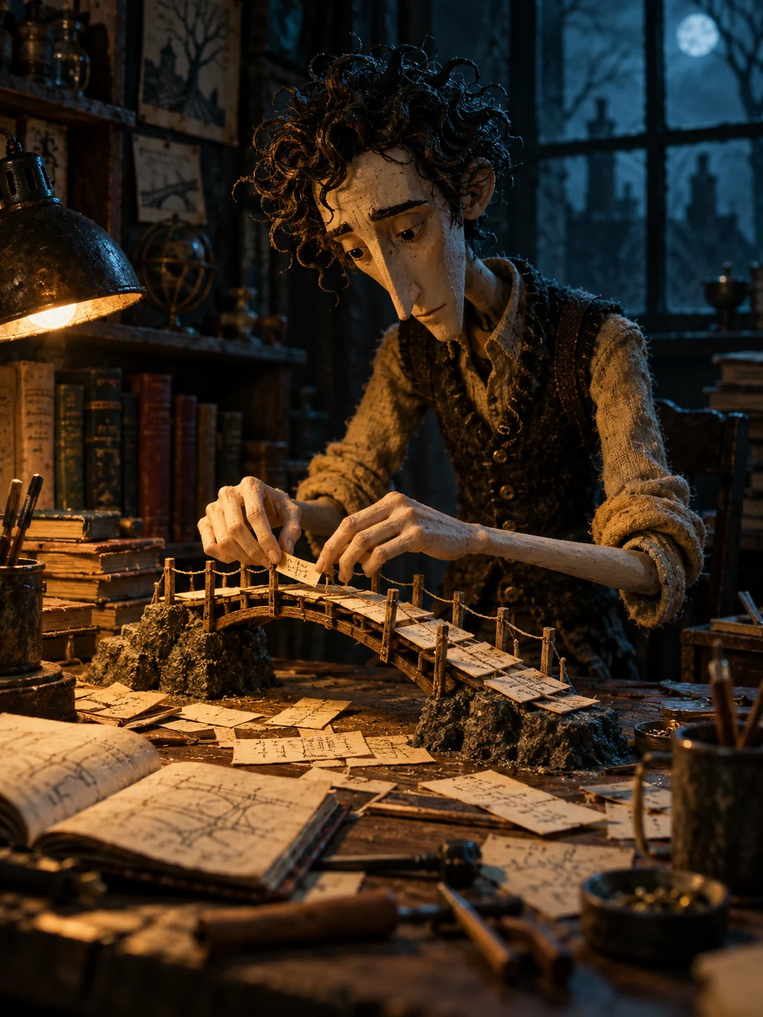 Un personaje construye un puente pequeño en su mesa de trabajo