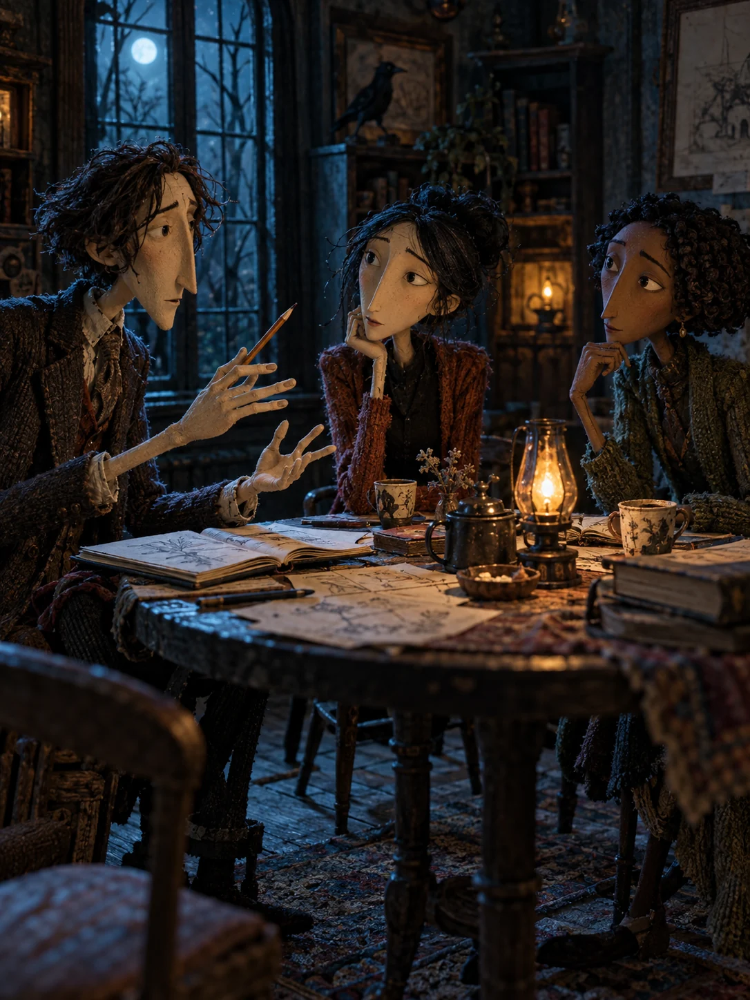 Personajes artesanales intercambian ideas alrededor de una mesa