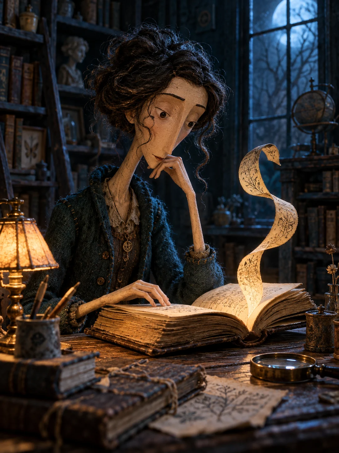 Una lectora artesanal descubre una idea bajo la luz de una lámpara
